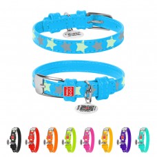 WAUDOG Glamour Ошейник для собак кожаный с QR паспортом, узор "Звёздочка", светящийся/светоотражающий, голубой