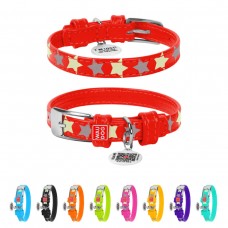 WAUDOG Glamour Ошейник для собак кожаный с QR паспортом, узор "Звёздочка", светящийся/светоотражающий, красный