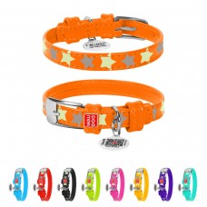 WAUDOG Glamour Ошейник для собак кожаный с QR паспортом, узор "Звёздочка", светящийся/светоотражающий, оранжевый