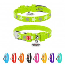 WAUDOG Glamour Ошейник для собак кожаный с QR паспортом, узор "Звёздочка", светящийся/светоотражающий, салатовый