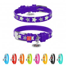 WAUDOG Glamour Ошейник для собак кожаный с QR паспортом, узор "Звёздочка", светящийся/светоотражающий, фиолетовый