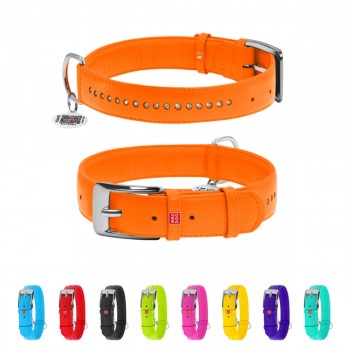 WAUDOG Glamour Нашийник для собак шкіряний з QR паспортом, подвійний зі стразами, помаранчевий