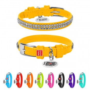 WAUDOG Glamour Ошейник для собак кожаный с QR паспортом, с украшением "Полотно стразы", желтый