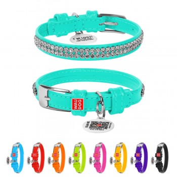 WAUDOG Glamour Нашийник для собак шкіряний з QR паспортом, з прикрасою "Полотно стрази", ментоловий