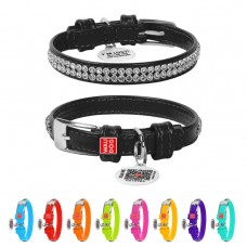 WAUDOG Glamour Ошейник для собак кожаный с QR паспортом, с украшением "Полотно стразы", черный