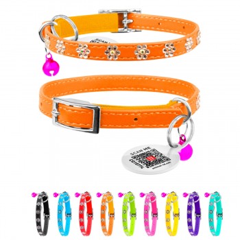 WAUDOG GLAMOUR Ошейник с резинкой, клей.стразами "Цветочек" для кошек, оранжевый