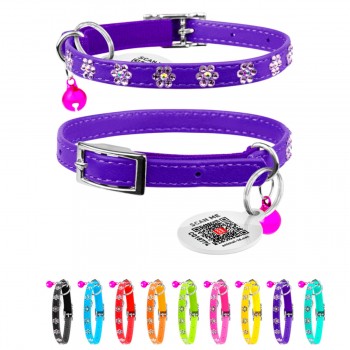WAUDOG GLAMOUR Ошейник с резинкой, клей.стразами "Цветочек" для кошек, фиолетовый