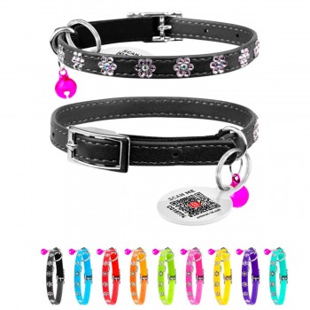 WAUDOG GLAMOUR Нашийник з гумкою, клей.стразами "Квіточка" для кішок, чорний