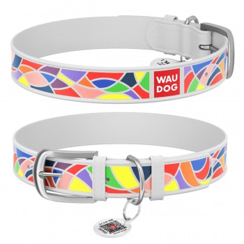 WAUDOG Design Нашийник для собак шкіряний з QR паспортом, малюнок "Вітраж", білий