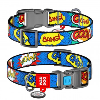 WAUDOG Nylon Нашийник для собак нейлоновий з QR паспортом, малюнок "ВАУ", пластиковий фастекс