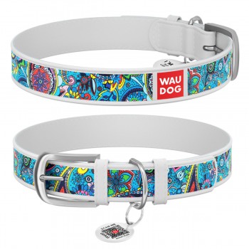 WAUDOG Design Ошейник с рисунком "Лазурь", премиум кожа, металлическая пряжка, белый