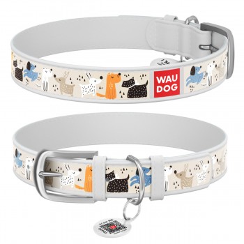 WAUDOG Design Ошейник с рисунком "Собачки на прогулке", премиум кожа, металлическая пряжка, белый