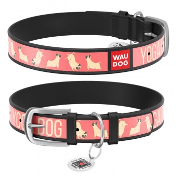 WAUDOG Design Ошейник с рисунком "Йога-пёс", премиум кожа, металлическая пряжка, черный