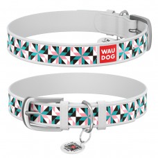 WAUDOG Design Ошейник с рисунком "Снежные цветы", премиум кожа, металлическая пряжка, белый