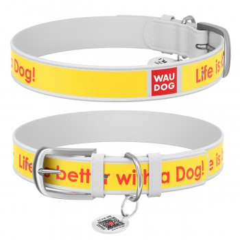 WAUDOG Design Нашийник з малюнком "Найкраще життя", преміум шкіра, металева пряжка, білий