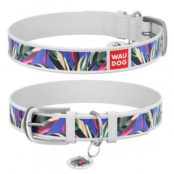 WAUDOG Design Ошейник с рисунком "Листва", премиум кожа, металлическая пряжка, белый