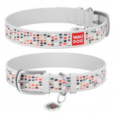 WAUDOG Design Ошейник с рисунком "Смешные точки", премиум кожа, металлическая пряжка, белый
