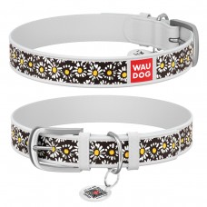 WAUDOG Design Ошейник с рисунком "Ромашки", премиум кожа, металлическая пряжка, белый