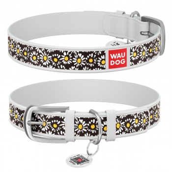 WAUDOG Design Ошейник с рисунком "Ромашки", премиум кожа, металлическая пряжка, белый