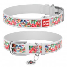 WAUDOG Design Ошейник с рисунком "Черепа в цветах", премиум кожа, металлическая пряжка, белый