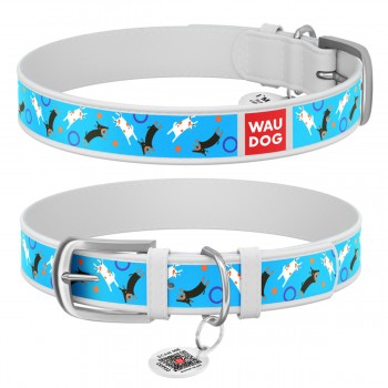 WAUDOG Design Ошейник с рисунком "Игривые собачки", премиум кожа, металлическая пряжка, белый