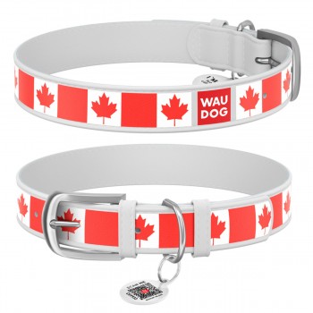 WAUDOG Design Ошейник с рисунком "Кленовый лист", премиум кожа, металлическая пряжка, белый