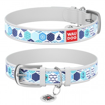 WAUDOG Design Нашийник з малюнком "Морський", преміум шкіра, металева пряжка, білий