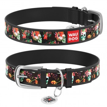 WAUDOG Design Ошейник с рисунком "Черепа", премиум кожа, металлическая пряжка, черный