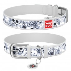 WAUDOG Design Ошейник с рисунком "Черно-белые черепа", премиум кожа, металлическая пряжка, белый