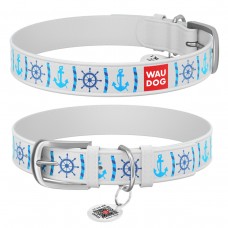WAUDOG Design Ошейник с рисунком "Якоря", премиум кожа, металлическая пряжка, белый