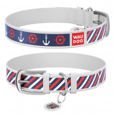 WAUDOG Design Ошейник с рисунком "Якоря 2", премиум кожа, металлическая пряжка, белый