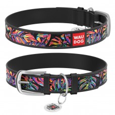 WAUDOG Design Ошейник с рисунком "Яркий тропик", премиум кожа, металлическая пряжка, черный