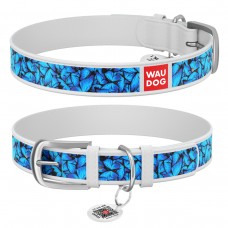 WAUDOG Design Нашийник з малюнком "Блакитні метелики", преміум шкіра, металева пряжка, білий
