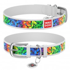 WAUDOG Design Ошейник с рисунком "Радужные бабочки", премиум кожа, металлическая пряжка, белый