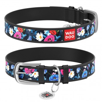 WAUDOG Design Нашийник з малюнком "Літній луг", преміум шкіра, металева пряжка, чорний