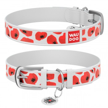 WAUDOG Design Нашийник з малюнком "Маки", преміум шкіра, металева пряжка, білий