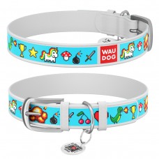 WAUDOG Design Ошейник с рисунком "Пиксельный единорог", премиум кожа, металлическая пряжка, белый