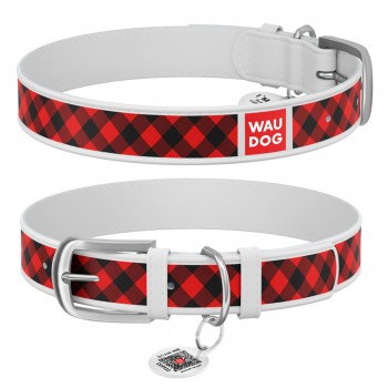 WAUDOG Design Ошейник с рисунком "Шотландка красная", премиум кожа, металлическая пряжка, белый