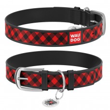 WAUDOG Design Ошейник с рисунком "Шотландка красная", премиум кожа, металлическая пряжка, черный