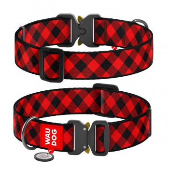 WAUDOG Nylon Нашийник для собак нейлоновий з QR паспортом, малюнок "Шотландка червона", металева пряжка-фастекс