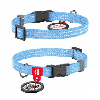 WAUDOG Re-cotton Нашийник для котів та дрібних порід собак з відновленої бавовни з QR паспортом, світловідбивний, пластиковий фастекс, блакитний