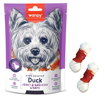 Ласощі для собак Wanpy Duck Jerky & Rawhide Wraps кістка з вузлами та в'яленою качкою 100г Ласощі для собак Wanpy Duck Jerky & Rawhide Wraps кістка з вузлами та в'яленою качкою 100г