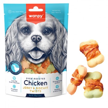Ласощі для собак Wanpy Chicken Jerky & Biscuit Twists бісквіт з в'яленою куркою 100г Ласощі для собак Wanpy Chicken Jerky & Biscuit Twists бісквіт з в'яленою куркою 100г