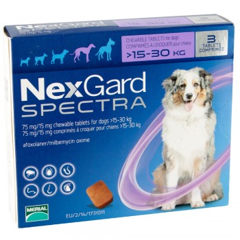 NexGard Spectra жувальна таблетка від бліх, кліщів та гельмінтів для собак вагою 15-30 кг